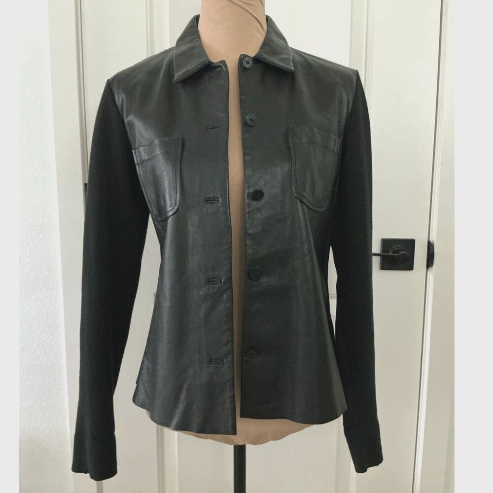 Vintage Y2K Tommy Hilfiger Women’s 8 Leather Front Knit Shirt Jacket Black